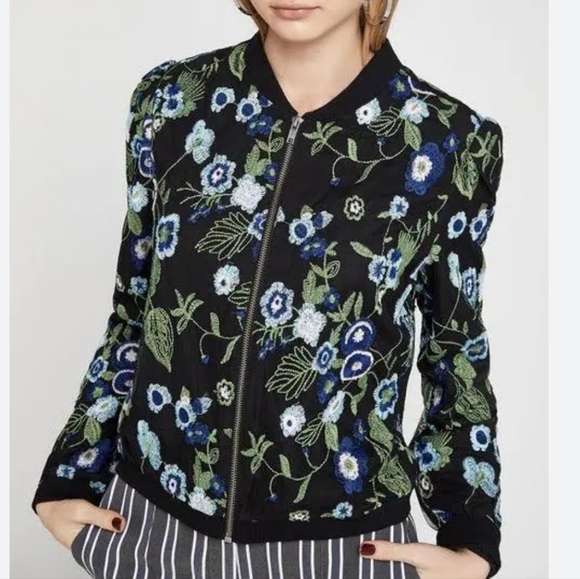 ⭐ BCBGeneration Black Floral Embroidered Mesh Bomber Jacket Size Large - Picture 1 of 11